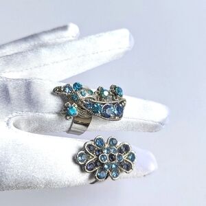 Set/ 2 Floral Motif Blue Art Glass Crystal Ribbon Gilt Rings- Adjustable sz 7,8